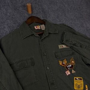 Red Star Mens XL Olive Green Military Special Forces Patch Button Down Shirt